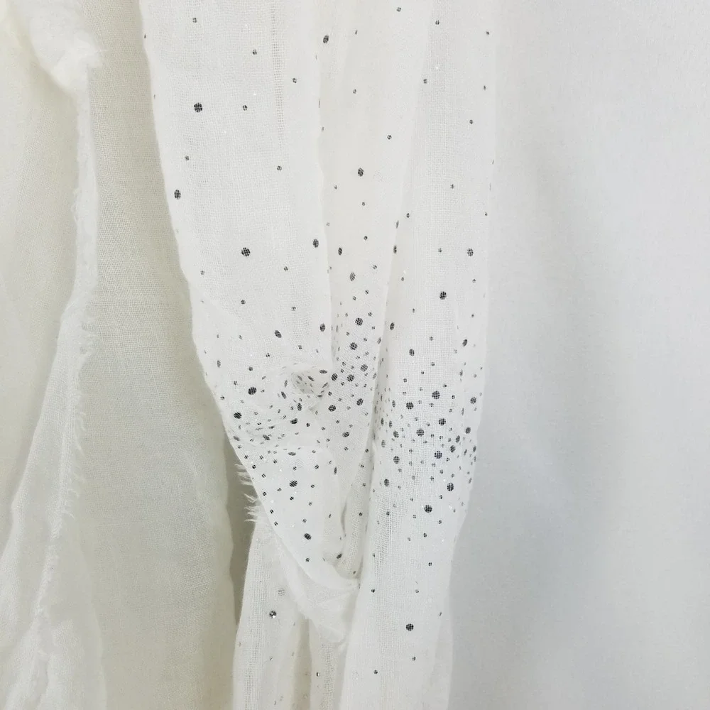 Womens Sheer White Sparkle Dot Infinity Loop‎ Scarf Fringed Edges Lightweight